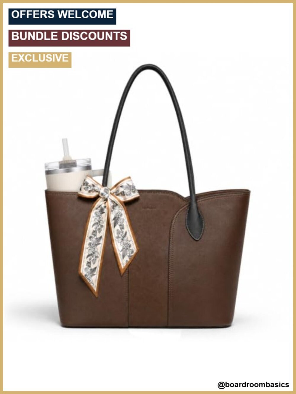 Faux Leather Laptop Tote with Bottle Holder, Work Bag for Women